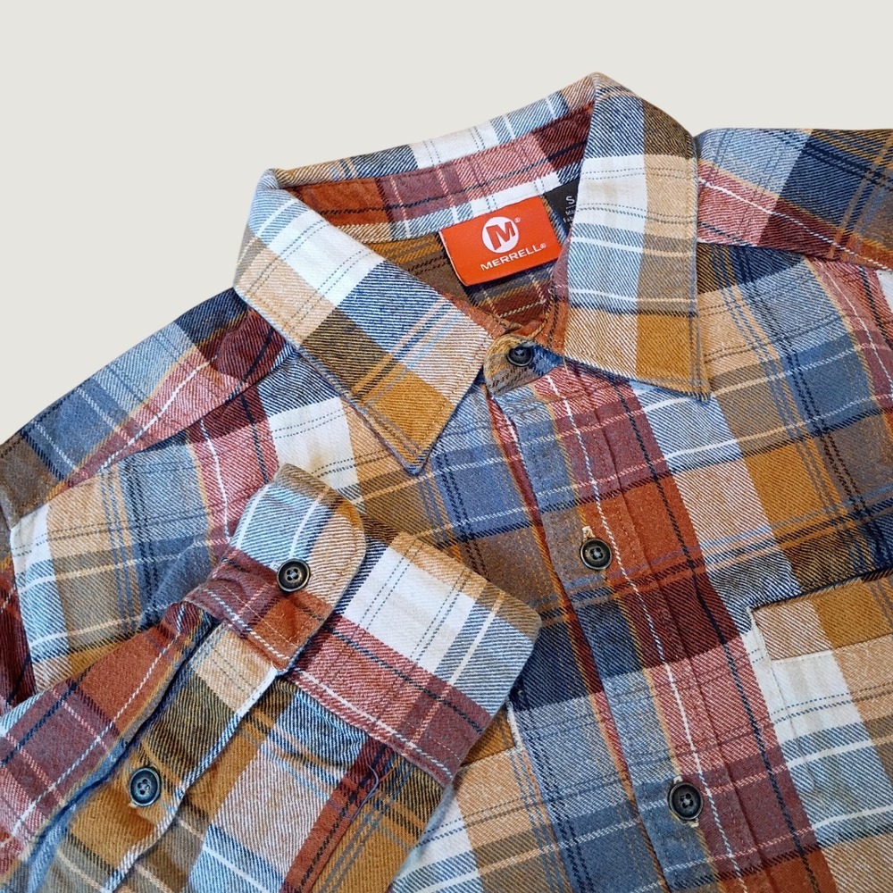 Merrell Flannel Shirt Mens Small Plaid Orange Cotton Gorpcore Workwear Casual